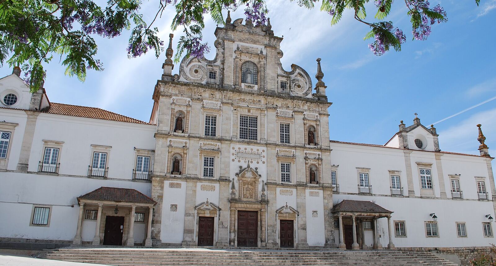 White baroque church facade with a wide staircase, seen between branches of a tree with purple flowers