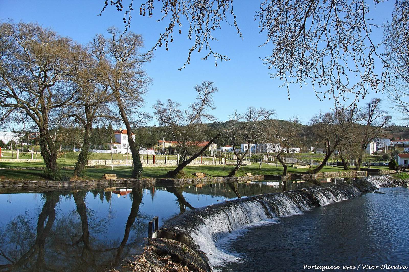 Stone weir on a calm river, with bare trees, a lawned park and white houses behind, in front of hills covered in vegetation