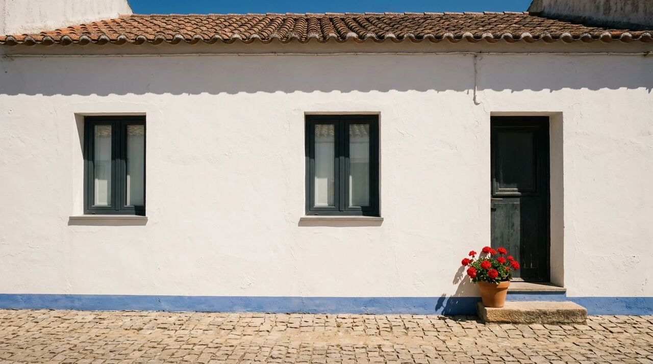 Casa caiada alentejana com duas janelas de PVC cinza antracite