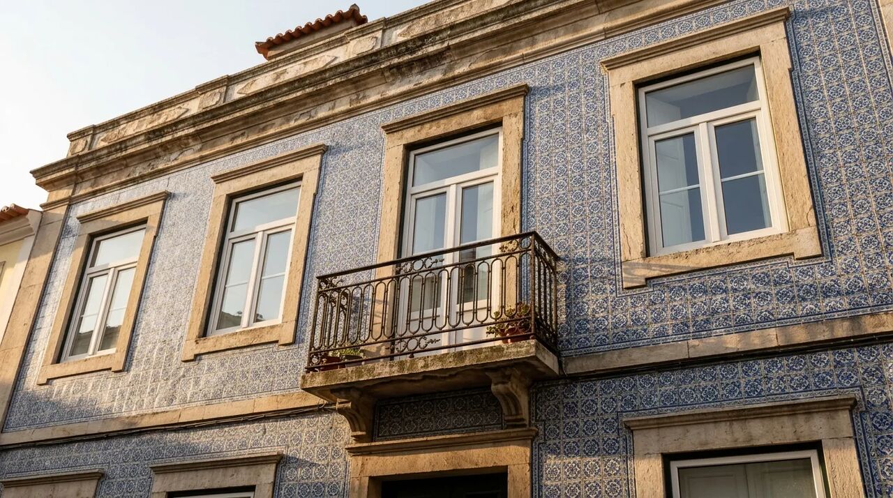 Prédio antigo de Lisboa com fachada de azulejos e janelas brancas
