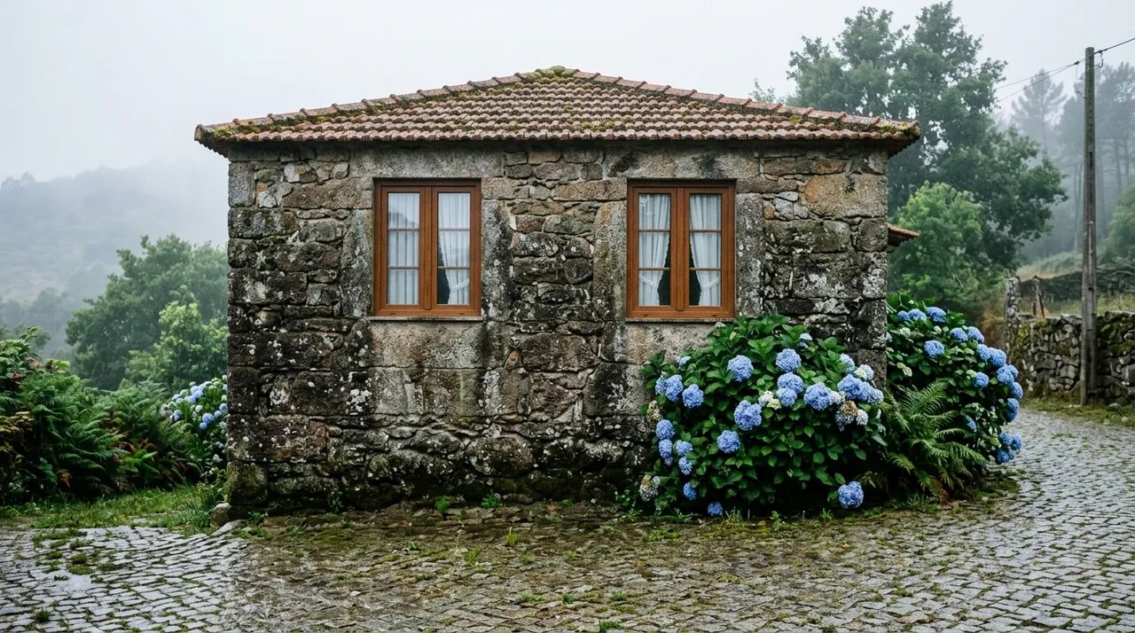 Casa de granito no Norte de Portugal com janelas de PVC castanho efeito madeira