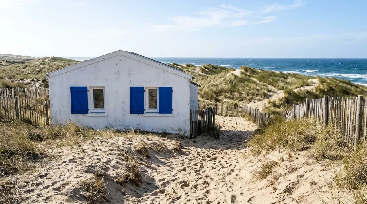 Casa branca junto ao mar com janelas brancas e portadas azuis