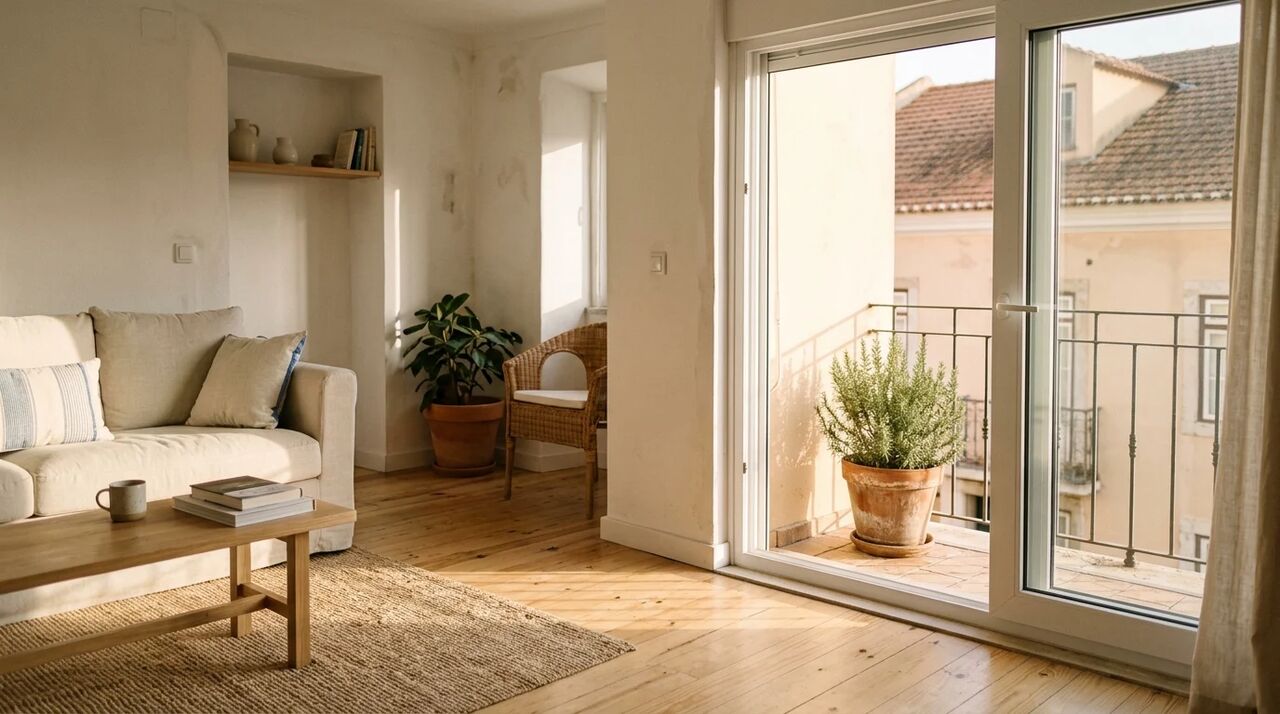 Sala luminosa com porta de correr de PVC aberta para um terraço