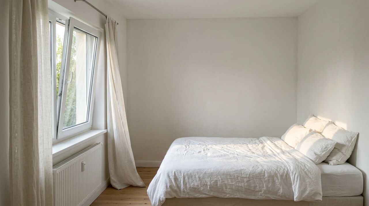 Quarto com janela oscilobatente inclinada e cortina de linho