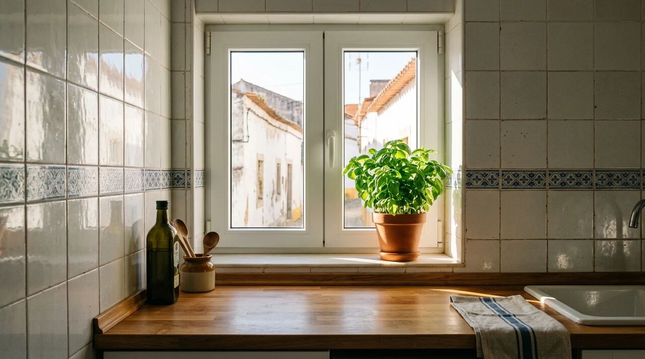 Cozinha com uma janela pequena de PVC por cima da bancada