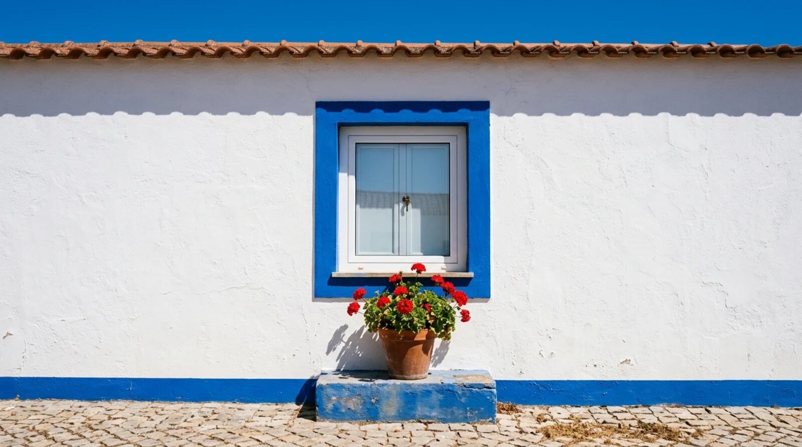 White PVC window in a whitewashed wall with a blue frame