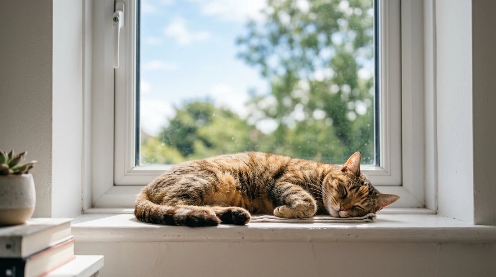 Cat lying in the sun on a white window sill
