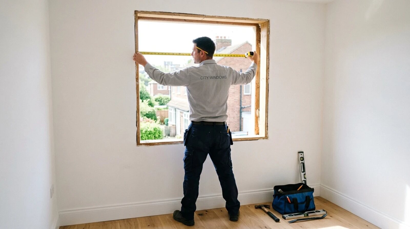 Installer measuring a window opening with a tape measure in an empty room