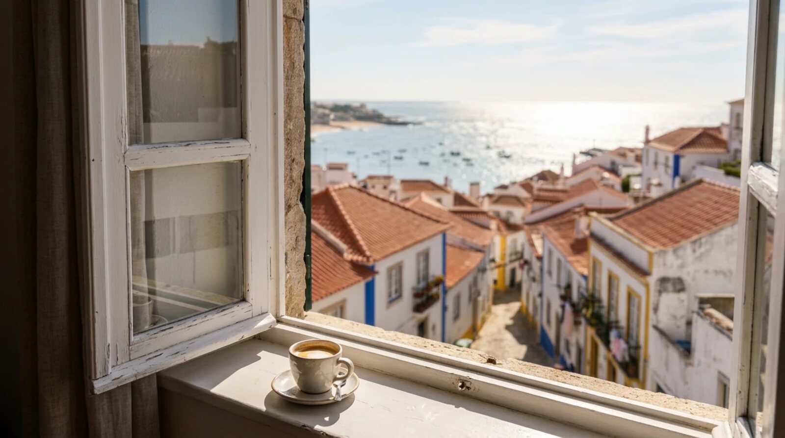 Window open over white rooftops with the sea in the background.