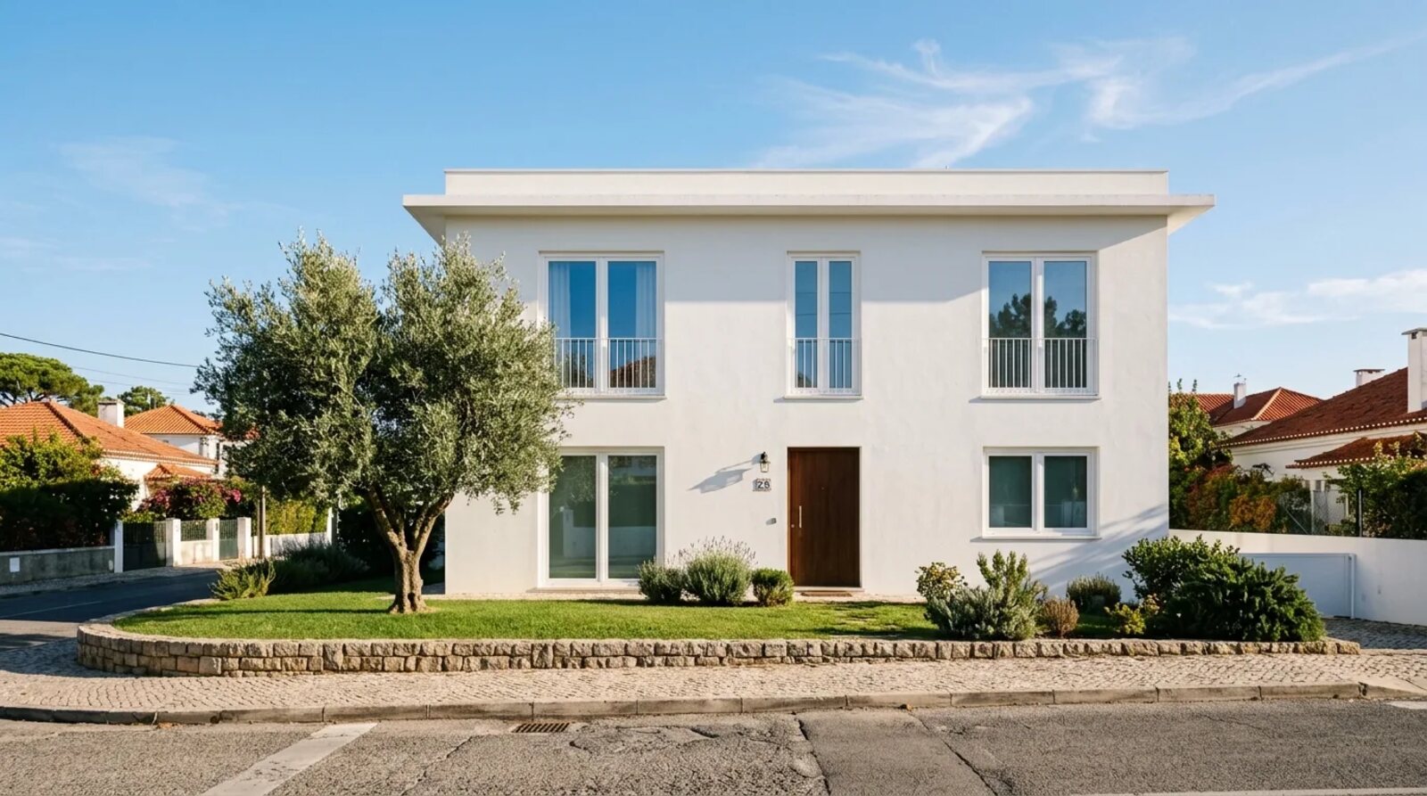Two-storey white house with large windows and an olive tree in front