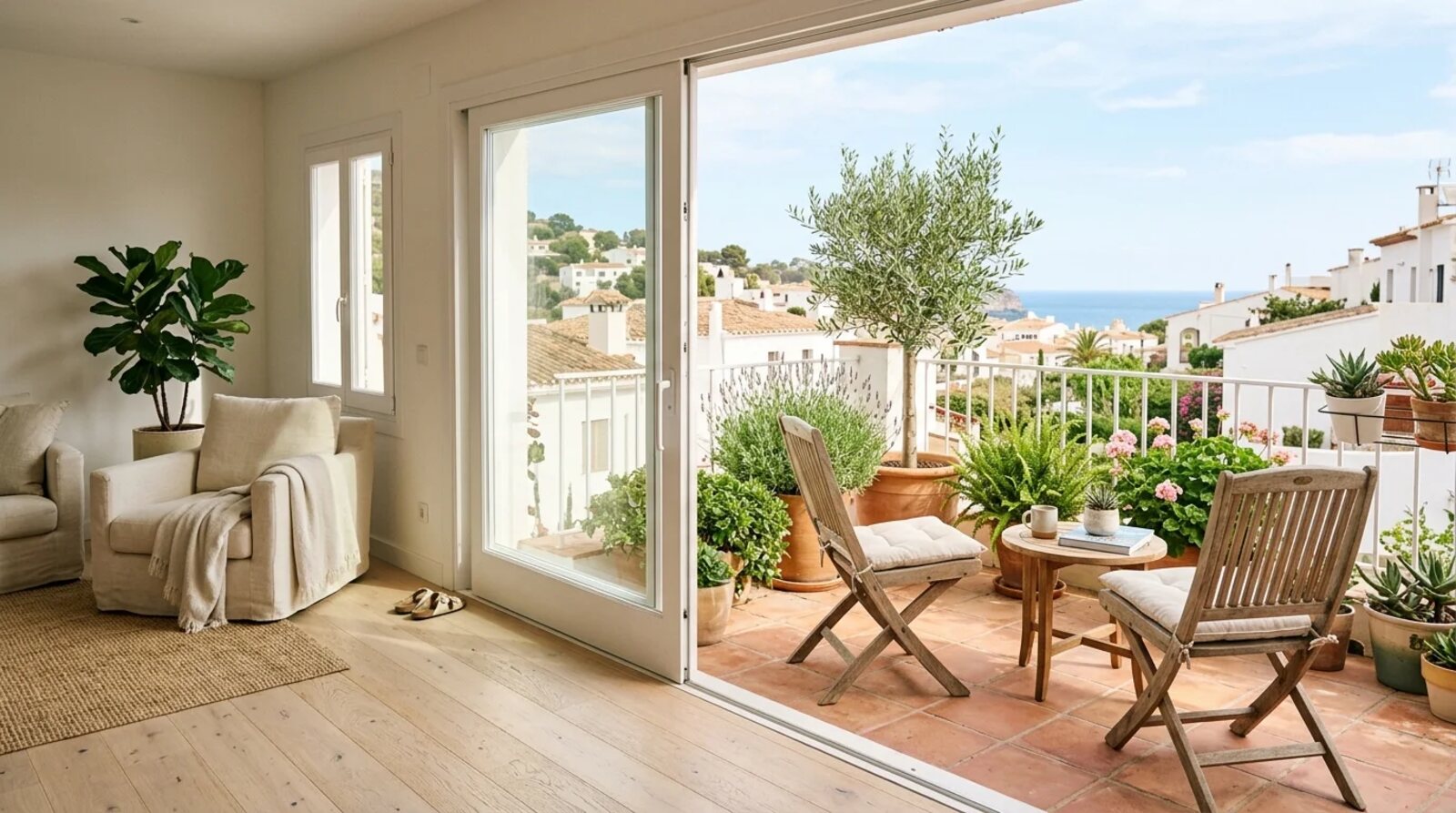 Open sliding door onto a terrace with plants and chairs