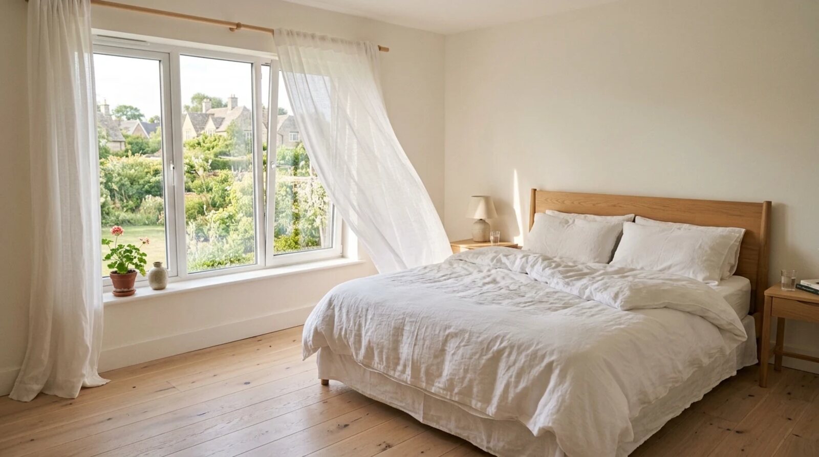 Bedroom with a white bed and a large window with light curtains