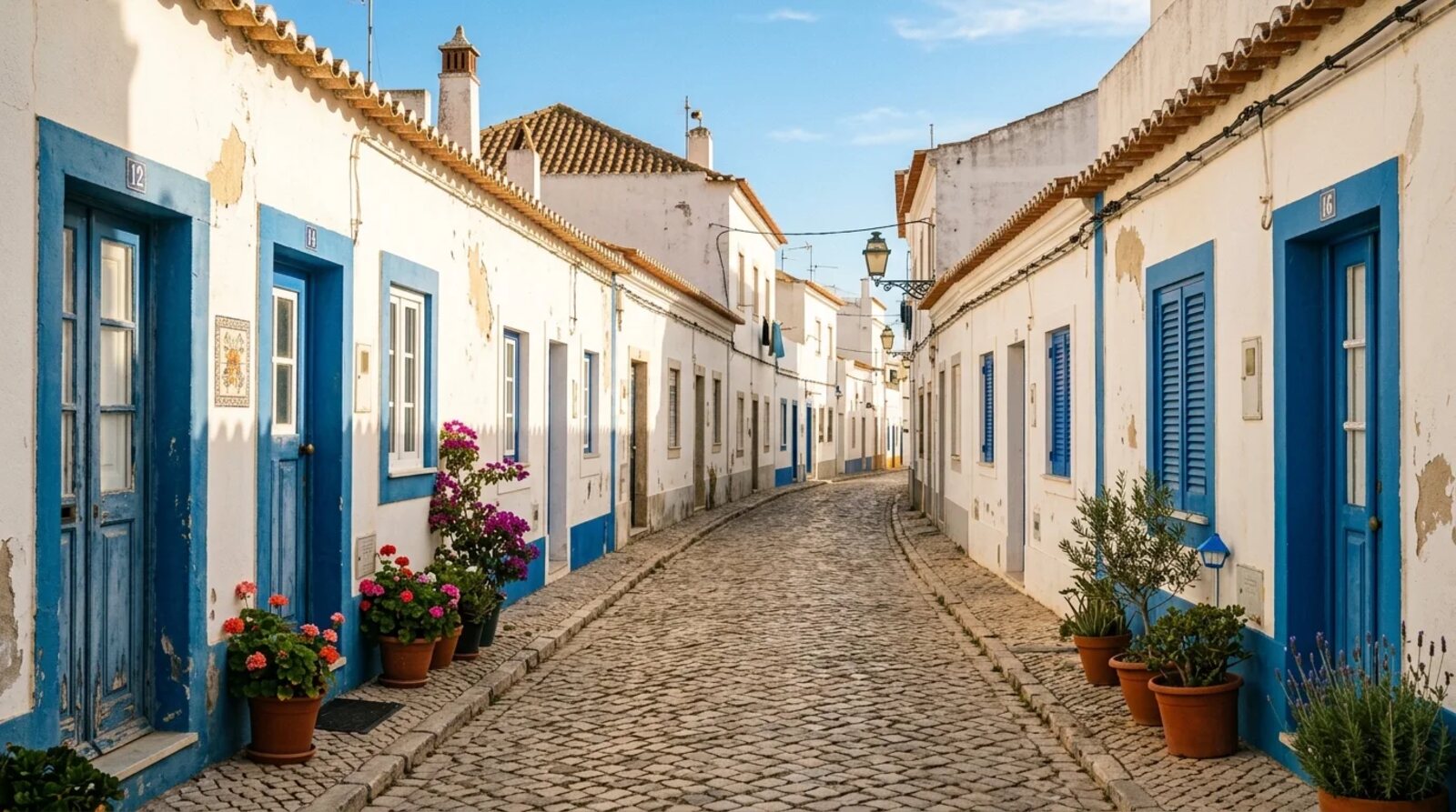 Street in a Portuguese town with white walls and windows