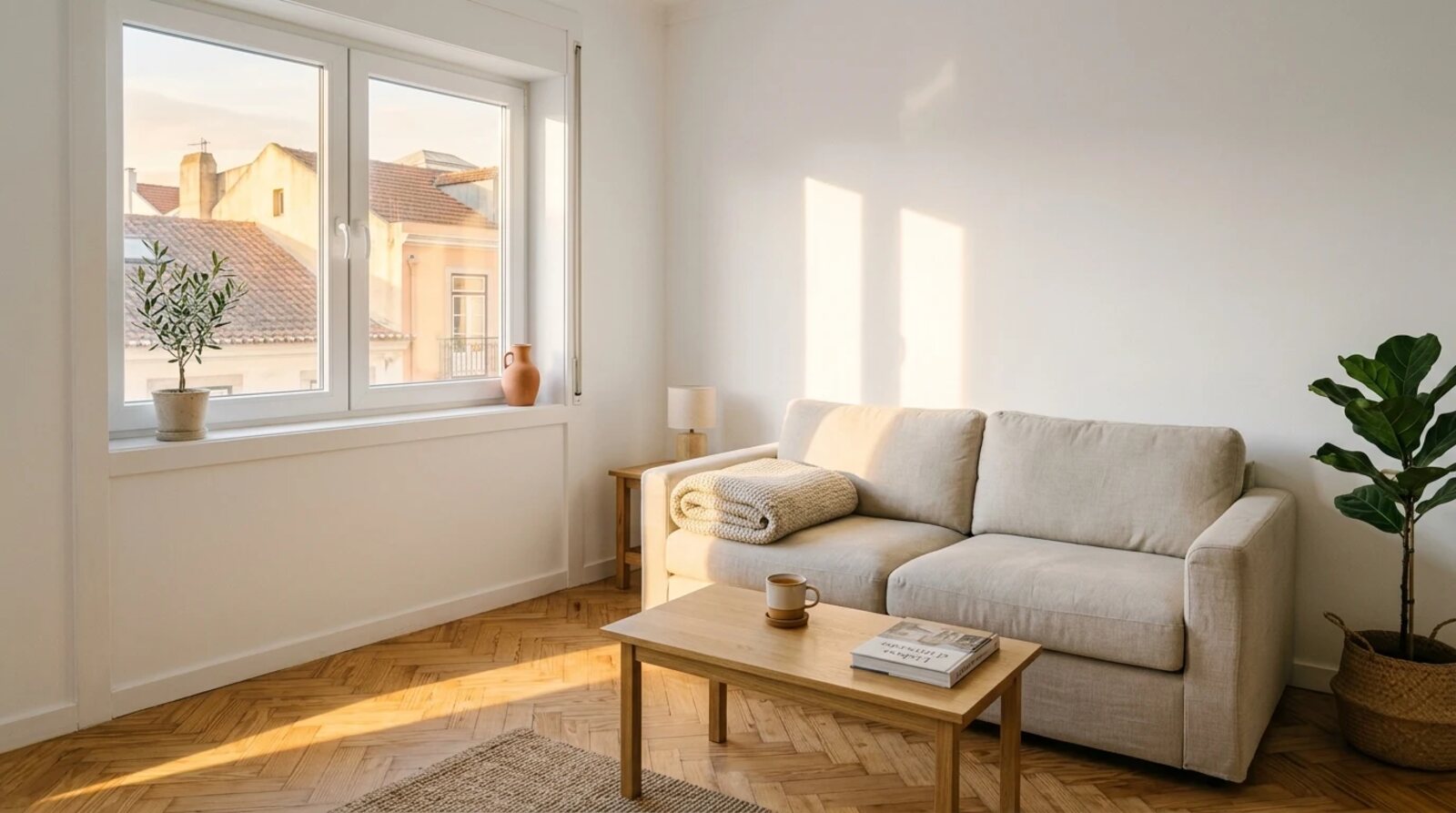 Living room with winter sun coming through the windows and lighting the floor